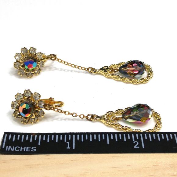 Vintage Czech Peacock Bead Dangle Earrings Floral Rhinestone Gold Tone 1960s - Picture 6 of 10